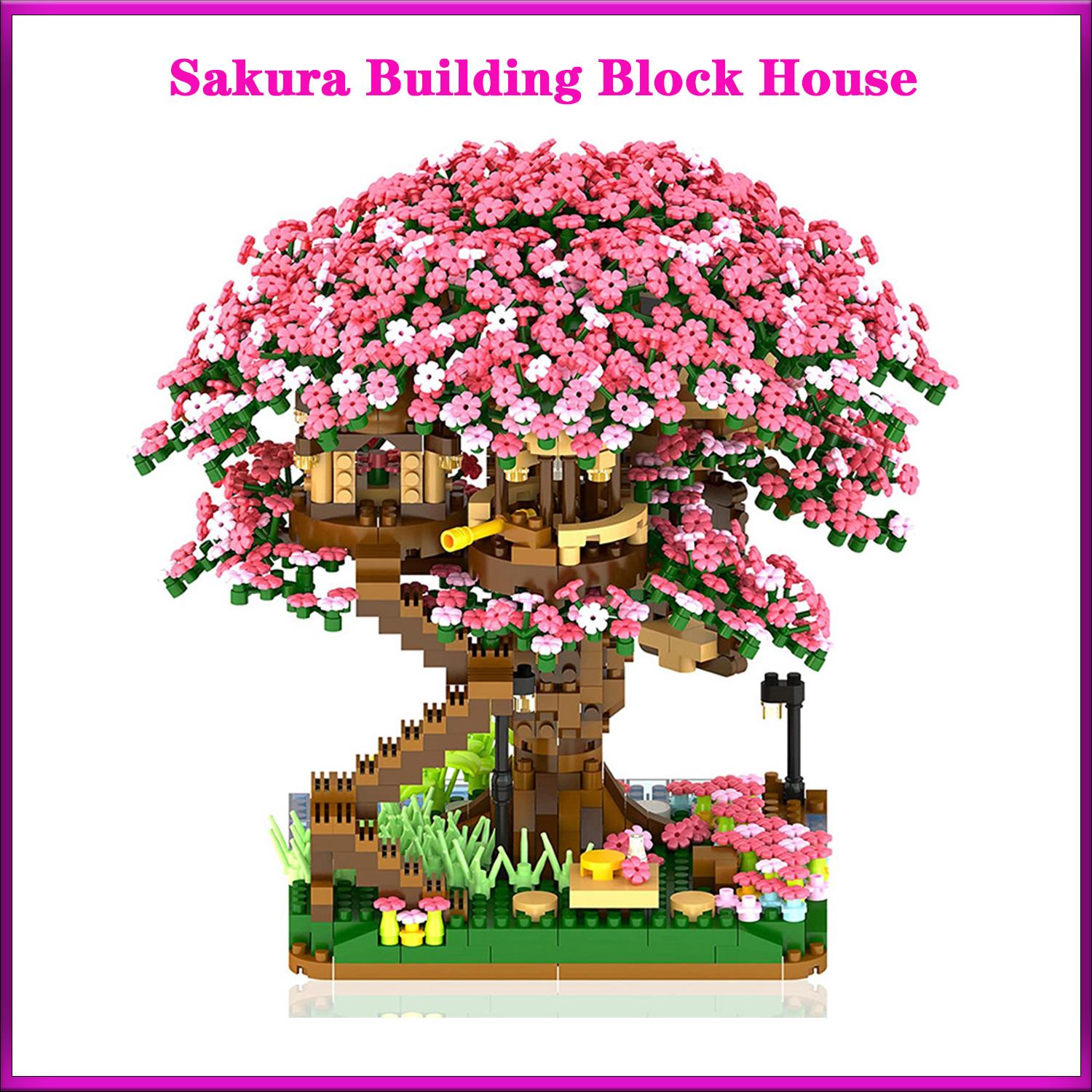 Activating Toys Light Mini Sakura Tree Building Blocks Set Diy Cherry Blossom Bricks With Treehouse Model Ornament Model Bricks Sets Kid Gift