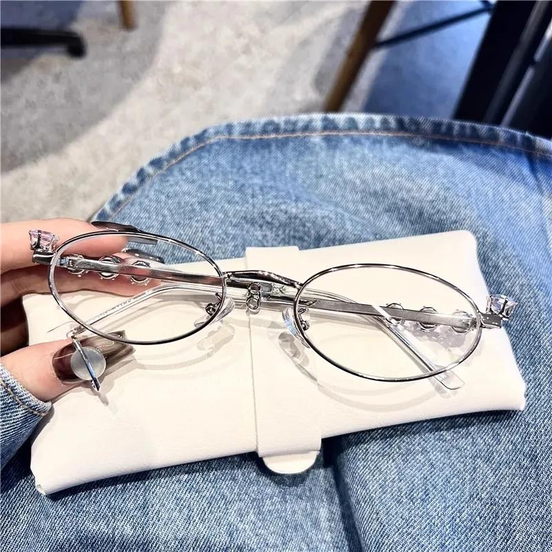 Girls Punk Oval Shades Rhinestone Glasses for Women Exaggerated Y2K Retro Eyewear Stainless Steel Oval Metal Frame Eyeglasses