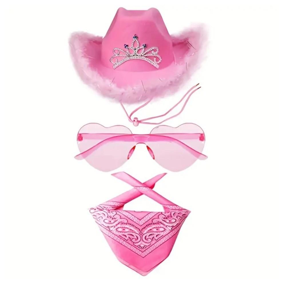 Fluffy Trim Bandana Heart-Shaped Glasses Pink Halloween Costume Accessories Set Cowboy Hat Women