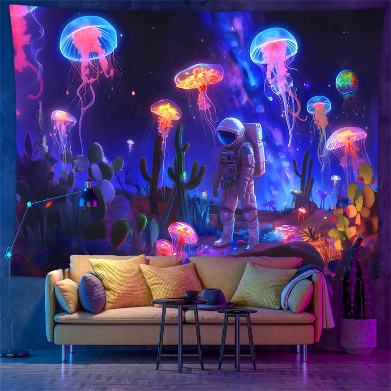 Blacklight Psychedelic Tapestry Jellyfish Astronaut Print UV Reactive Wall Hanging Trippy Home Decor 100X70CM