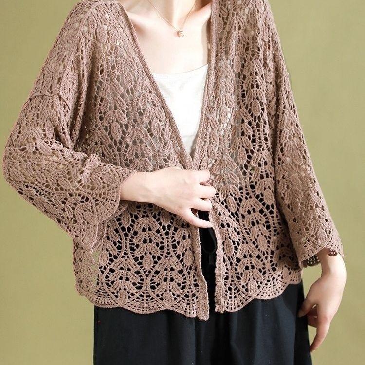 

Женский кардиган с вырезами, свободный кардиган из хлопка, летняя блузка с кружевом и открытой передней частью, защищающая от солнца One size