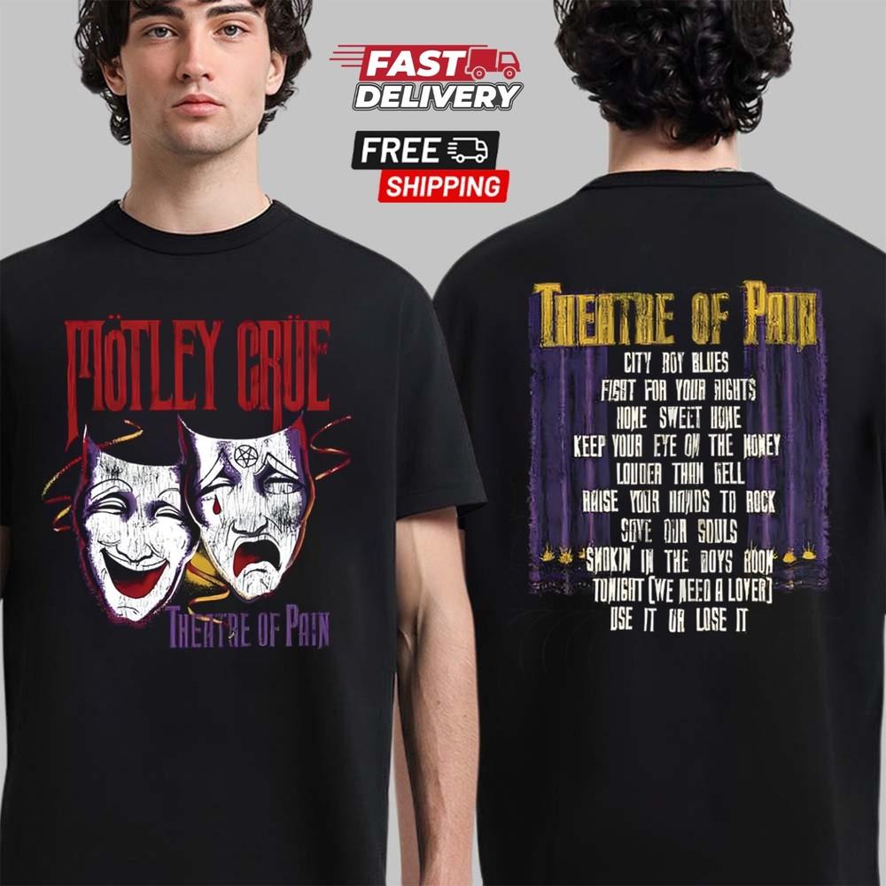 

Motley Crue Theatre of Pain Vintage Tracklist T-Shirt, Heavy Metal Band Shirt Unisex T-Shirt L