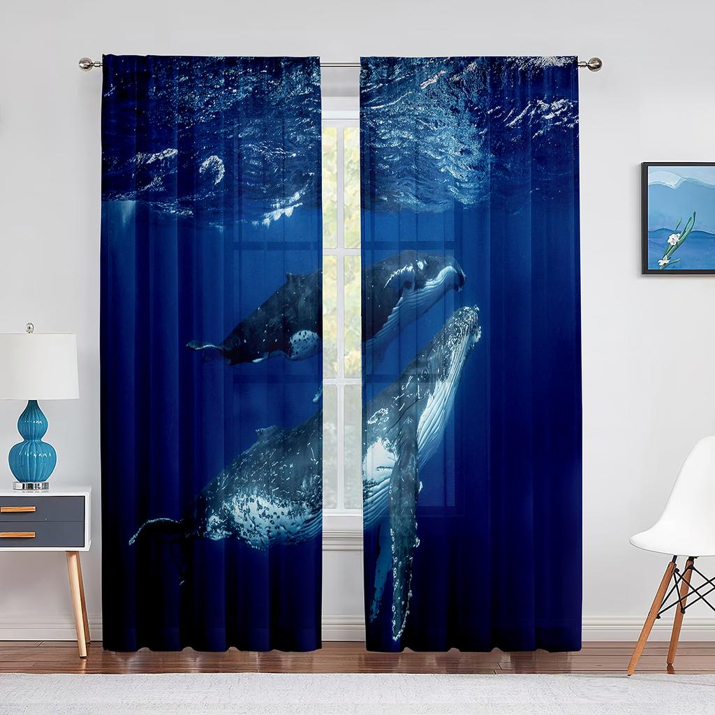Watercolor Whale Underwater Animal Psychedelic Sheer Window Curtains for Living Room Bedroom Home Decor Chiffon Tulle Curtain