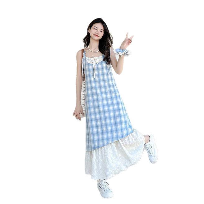 Lace Patchwork Plaid Sling Dress - Women's Summer 2025 New Loose Slimming Two-Piece Skirt.