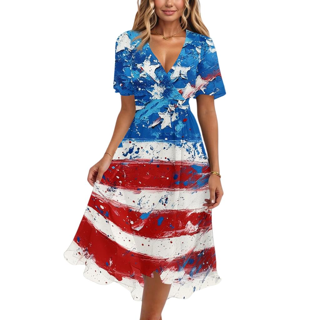 Women's Casual V-Neck Short-Sleeve Independence Day Print Dress