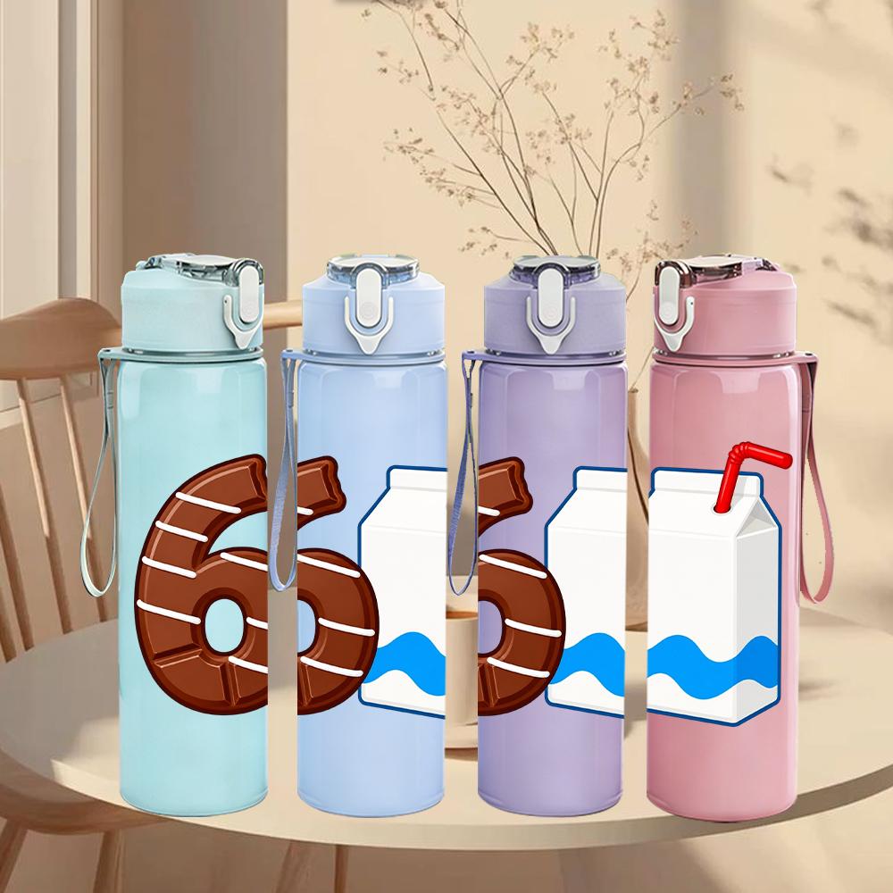 1PC Number Six Milk Bottle Combo Print 750ml Color Plastic Water Bottle Leakproof Flip Straw Lid For Sports Office Home Use