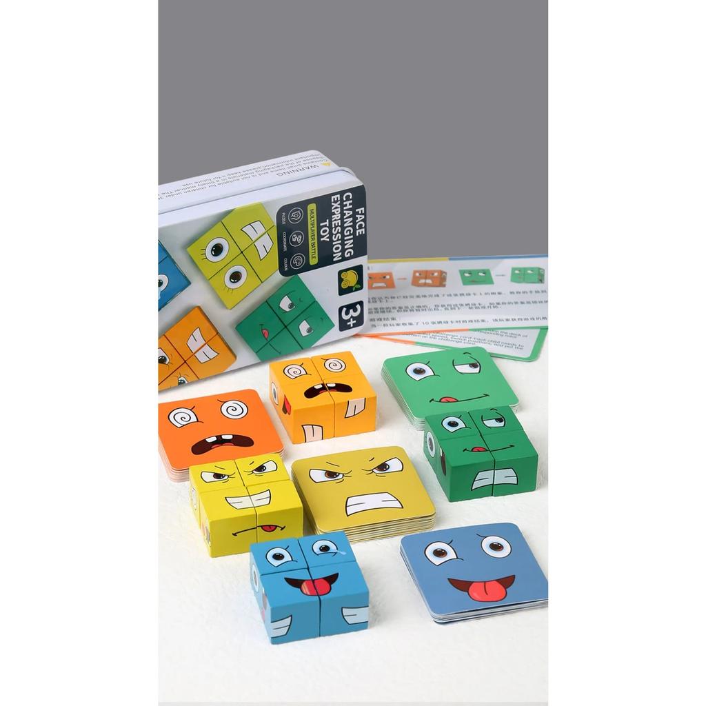 Face Changing Cube Board Card Game Building Blocks Cartoon Wooden Puzzle Montessori Anxiety Stress Relief Toys for Children Kids