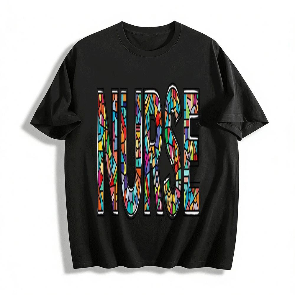 Colorful Mosaic NURSE Print Nurse Themed Casual Top Pure cotton T-shirt XXS