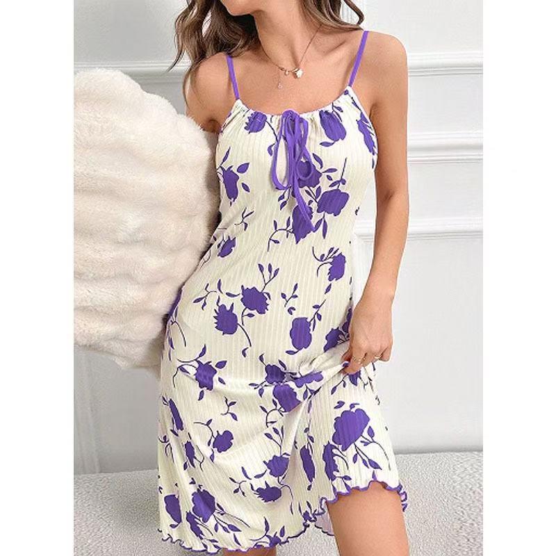 Women's Sexy Printed Camisole Nightgown with Chest Tie-Up