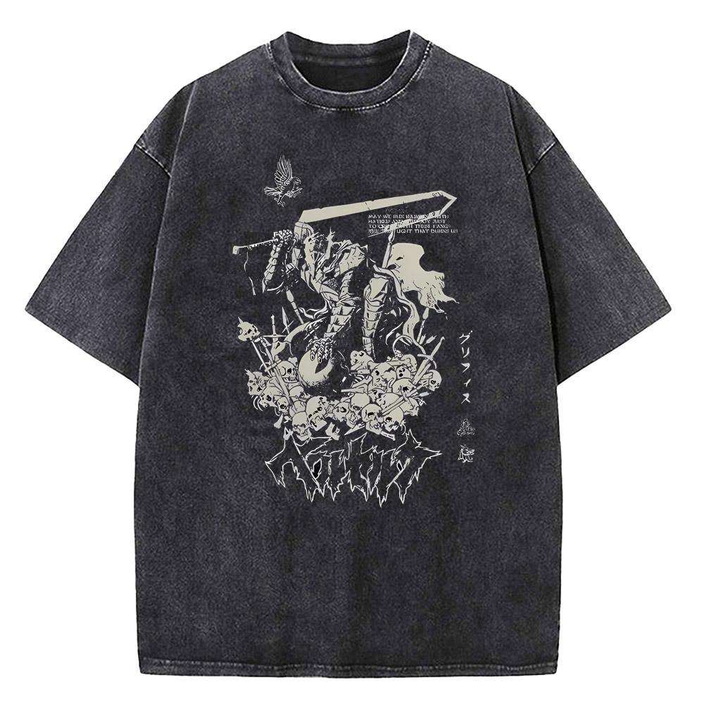 Anime Berserk Guts Graphic Printed Tee Men Women Vintage Washed Casual Tshirts High Quality Cotton T Shirt Harajuku Male Tshirt