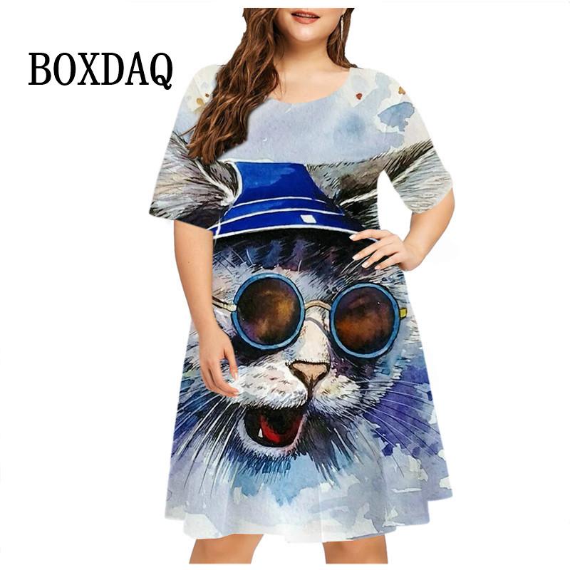 Starry Sky Cat Graphic Dress For Women Tie Dye 3D Printed Casual Loose Plus Size Dress Short Sleeve Fashion Hip Hop Kawaii Dress