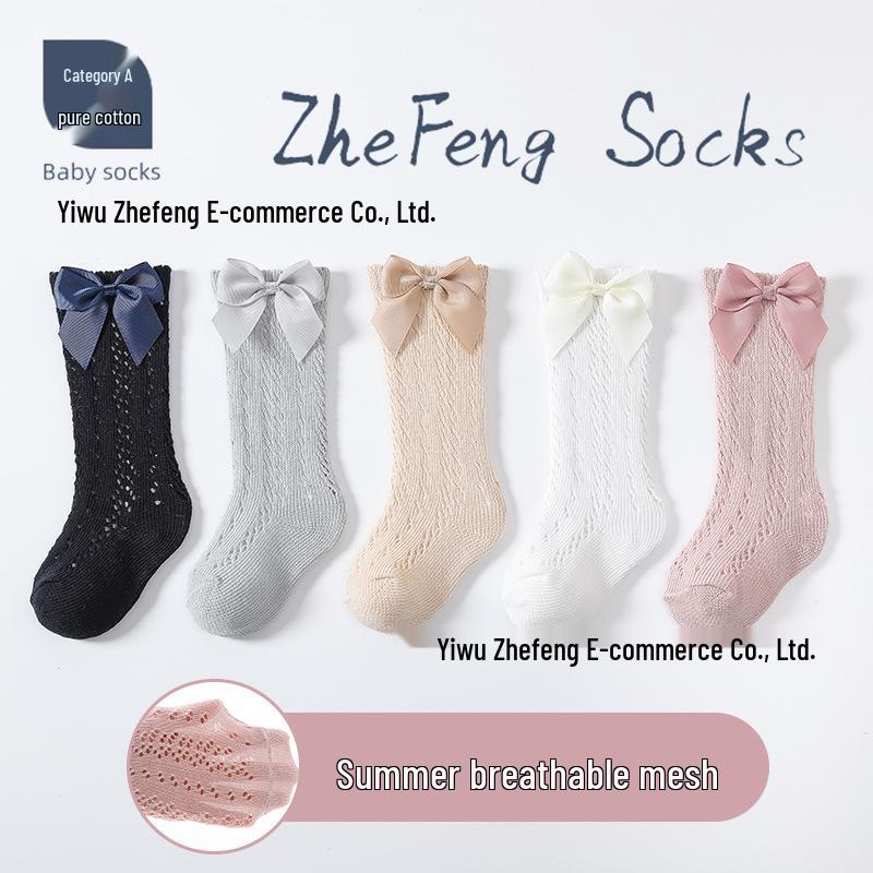 INS Summer Girls' Cotton Bowknot Socks: Ribbed, Breathable, Mid-Calf Mesh