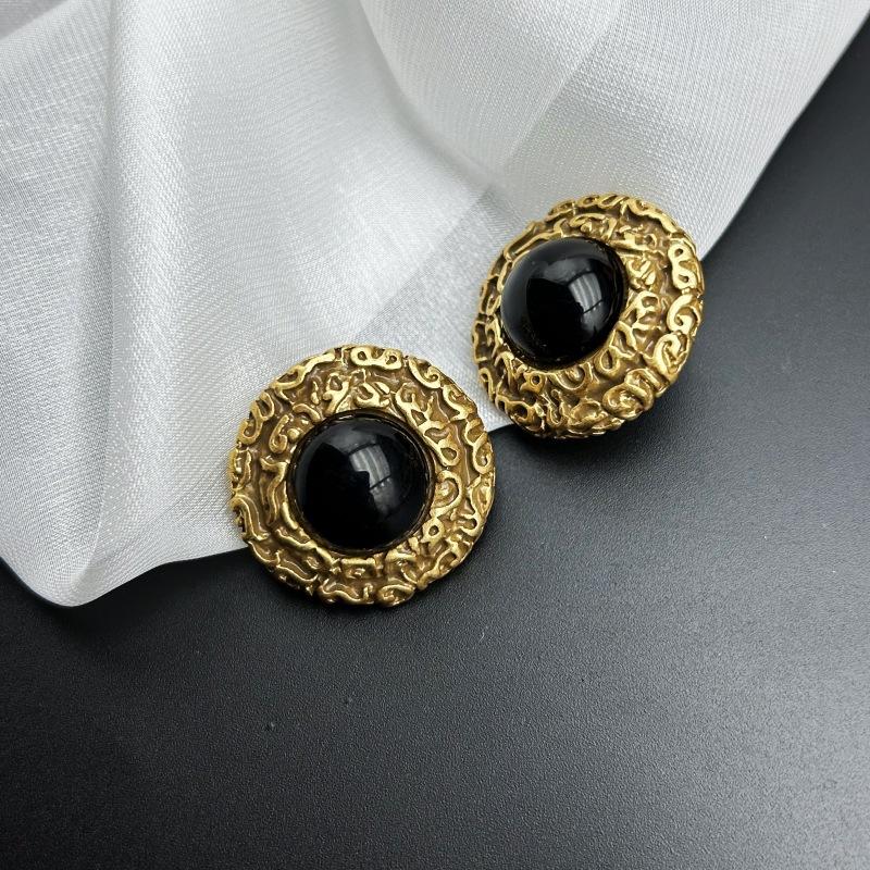 Vintage Court Style Retro Gold Circular Relief Texture 925 Silver Needle Earrings