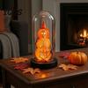 Halloween Souvenir Decor Pumpkin Skeleton Cloche Lamp, Lighted Stacking Skull In Clear Window Display Dome with Witch Hat for Tabletop Mantel,