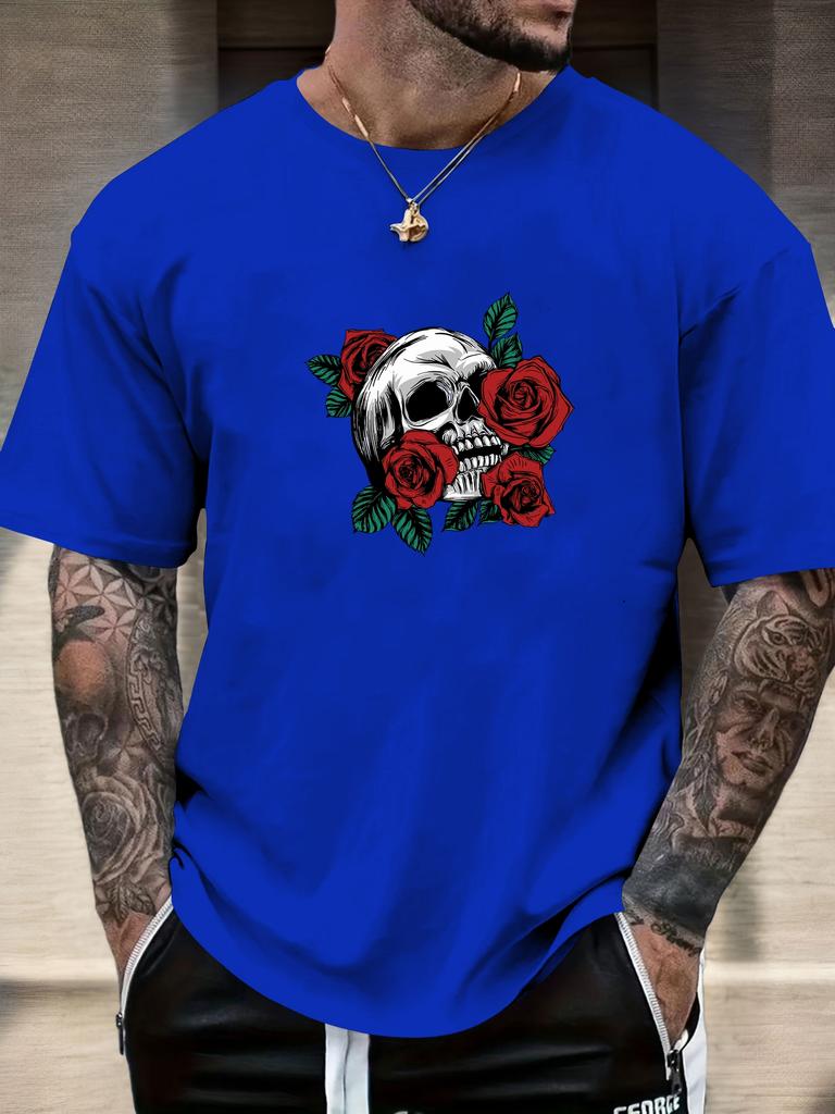 Mens Casual Tshirt Skull Rose Print Short Sleeve Round Neck Breathable Soft Oversized Edgy Daily Wear Tee