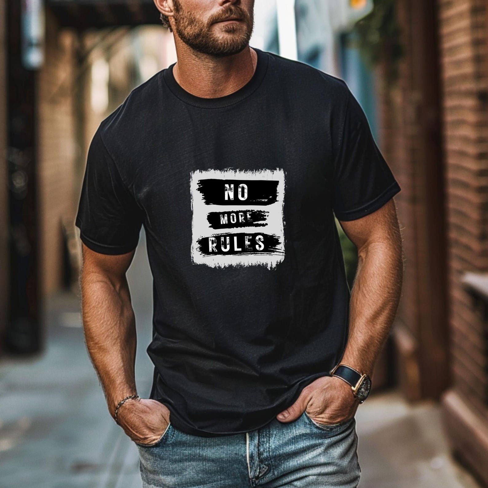 No More Rules Graphic T-Shirt | Grunge Stencil Style Tee | Streetwear Attitude Unisex Shirt | Casual Everyday Graphic Tee S