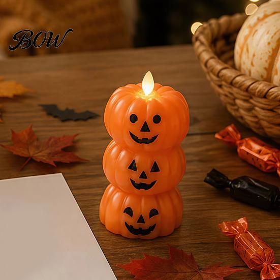 Spooky Holiday Home Accents Halloween 3 Tier Stacked Pumpkin Candle Light, Flickering Flameless LED Fall Atmosphere Ornaments Candle, Battery Operated
