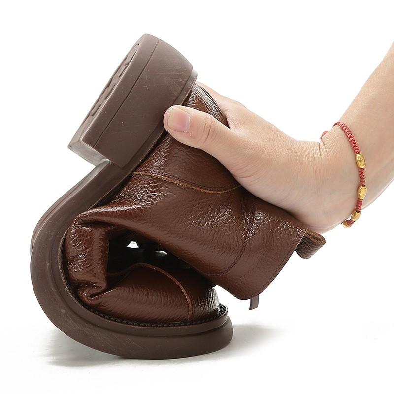 Autumn Winter New Ladies Boots Genuine Leather Short Boots Low-Heel Retro Women Cotton Shoes Lace Up Botas D378