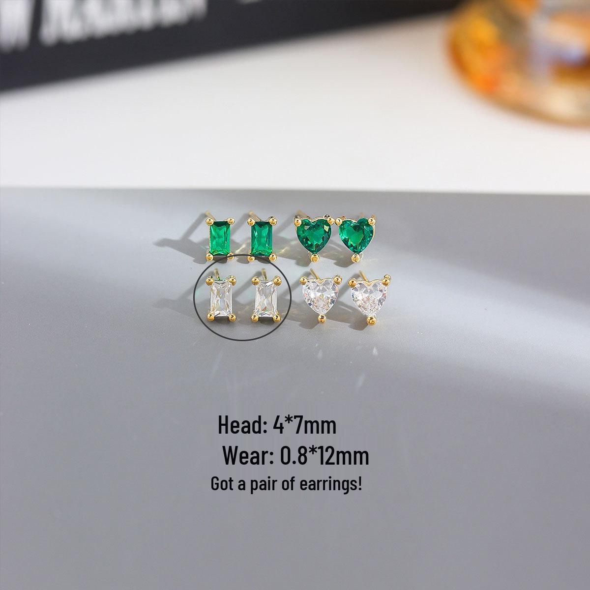 Copper-Plated Gold & Silver Emerald Heart Stud Earrings with Zircon Real Gold Plated, Long-lasting Color