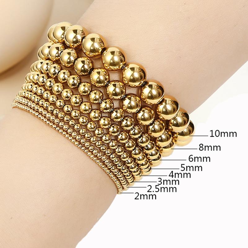 Fashion Jewelry Gold Plated Waterproof Metal Ball High Quality Smooth Diameter 3/4/6/8mm Elastic Stainless Steel Bracelet