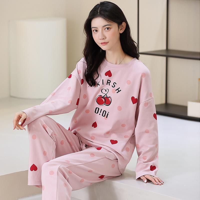 100% Cotton Women's Pajama Set – Breathable, Sweat-Absorbent, Long Sleeve Crew Neck for Indoor & Outdoor Wear (Autumn/Winter)