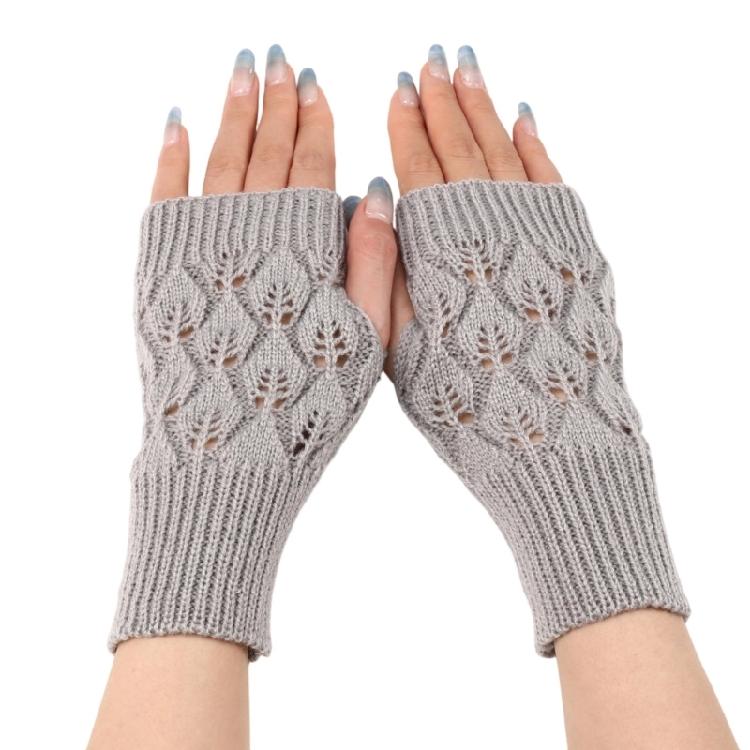 Knit Gloves Textured Leaf Design Soft Acrylic Fabric Cold Weather Fingerless Handwear Unisex Solid Color