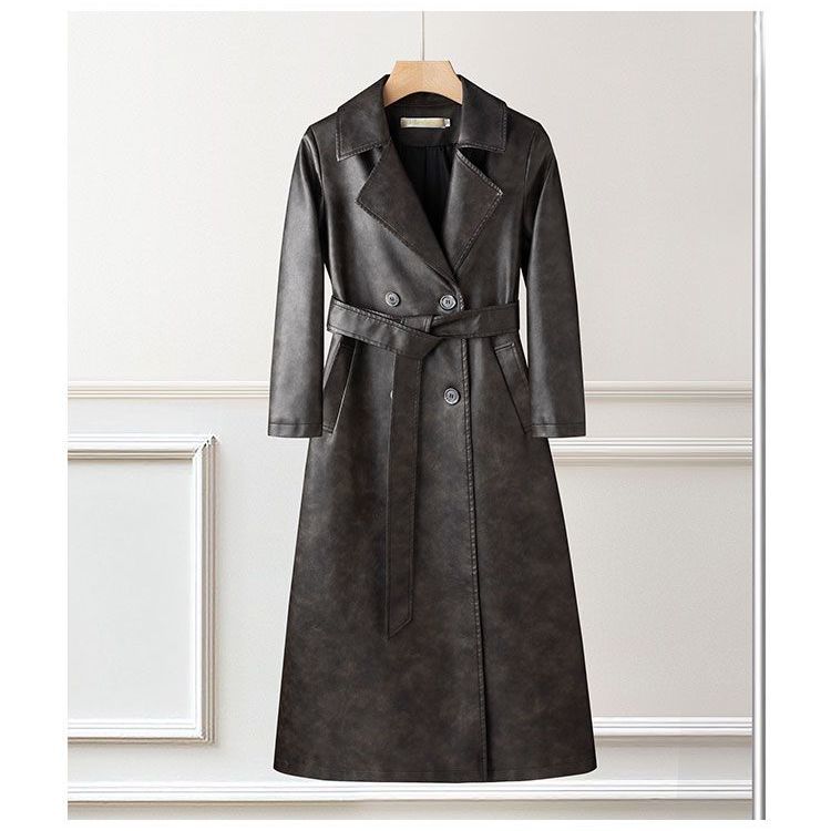 Elegante Soprabito Lungo da Donna Trench Vintage in Pelle Cappotto Mezza Lunghezza Slim Fit Primavera Autunno Capospalla