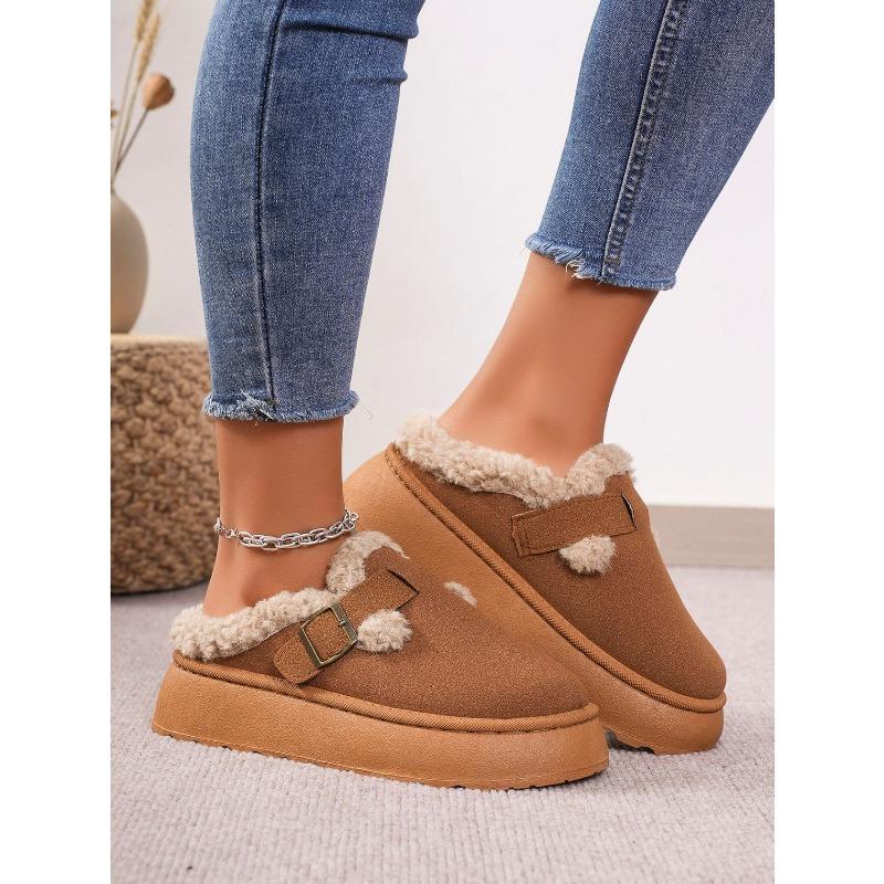 Fashionable Fall/Winter Thick-Soled Fuzzy Buckle Warm Cotton Slippers - Casual Oversized New Style Women's Shoes