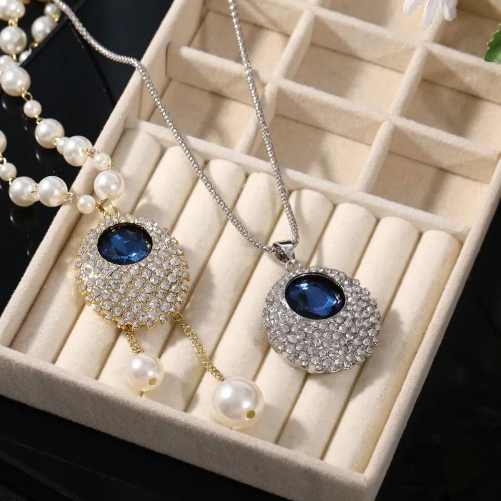 Luxury Blue Long Chain Necklace Minimalist Style Crystal Pendant Necklace  Gift Jewelry