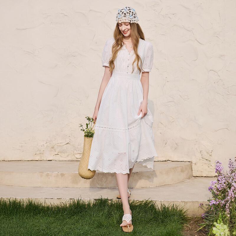 Xiangying French V-Neck Cotton Jacquard Midi Dress