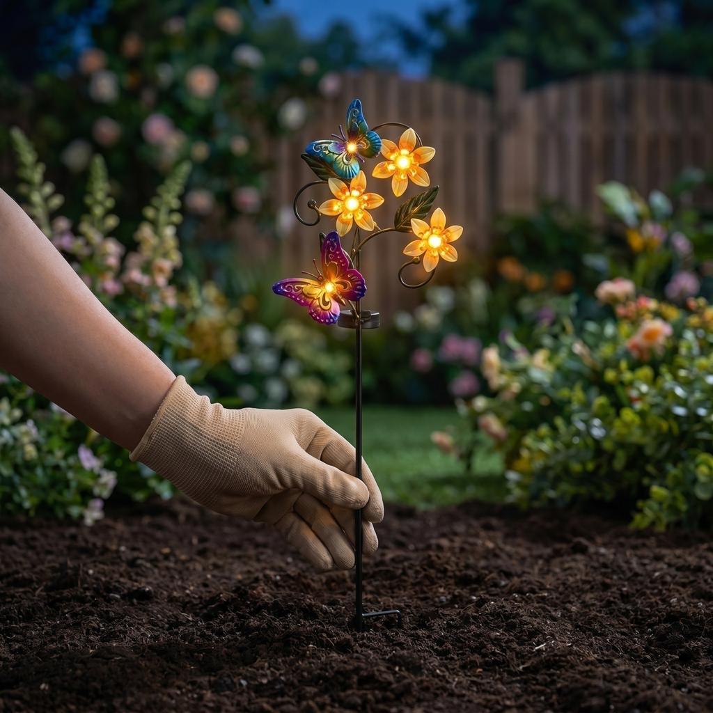 Solarbetriebene Gartensteckleuchte mit künstlichen Blumen und Bienen-Dekoration, Außen-Hof-Landschaftslampe für Weg Rasen Terrasse