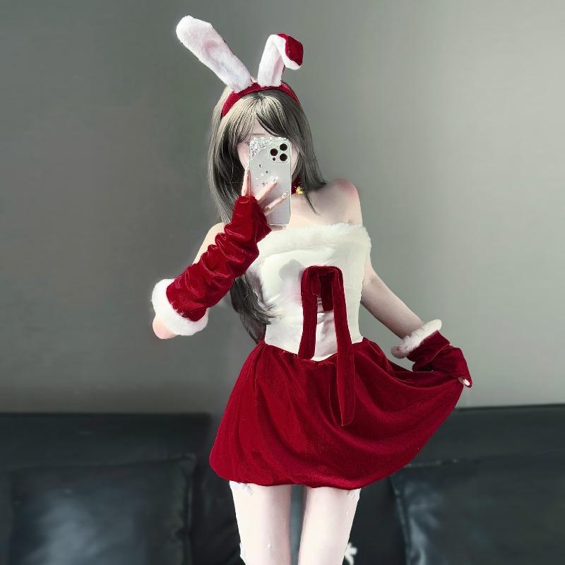 Sexy lingerie christmas robe babes bunny velvet bow sexy tube top dress pure desire