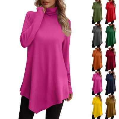 Casual Fashion Floral Print Shirt Tops High Neck Irregular Hem Long Sleeve Pullover Tops