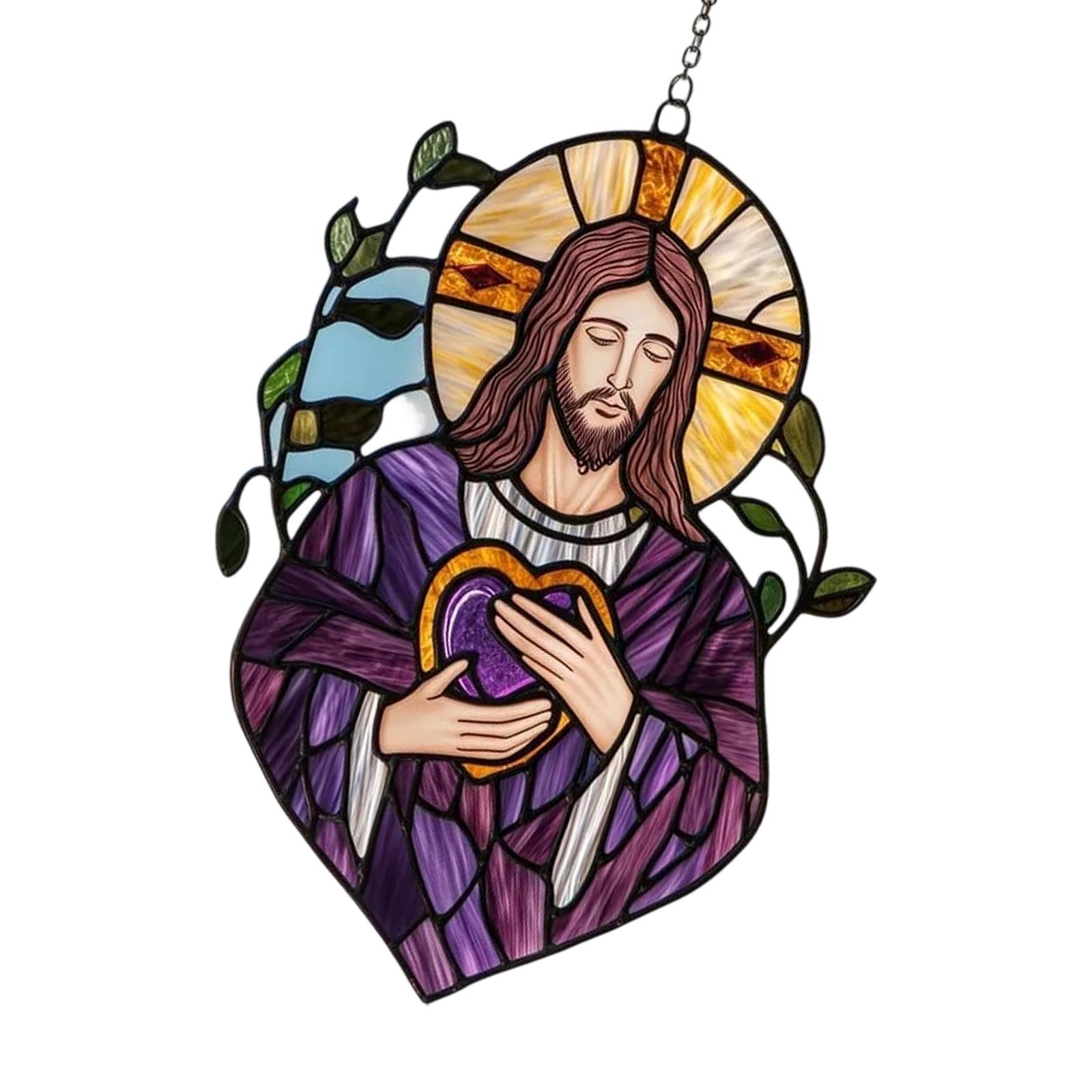 Christ Jesuses Sun Catcher,Stained Glass Window Hangings Decors Window Decors Hanging Ornament for Halloweens,Christmas