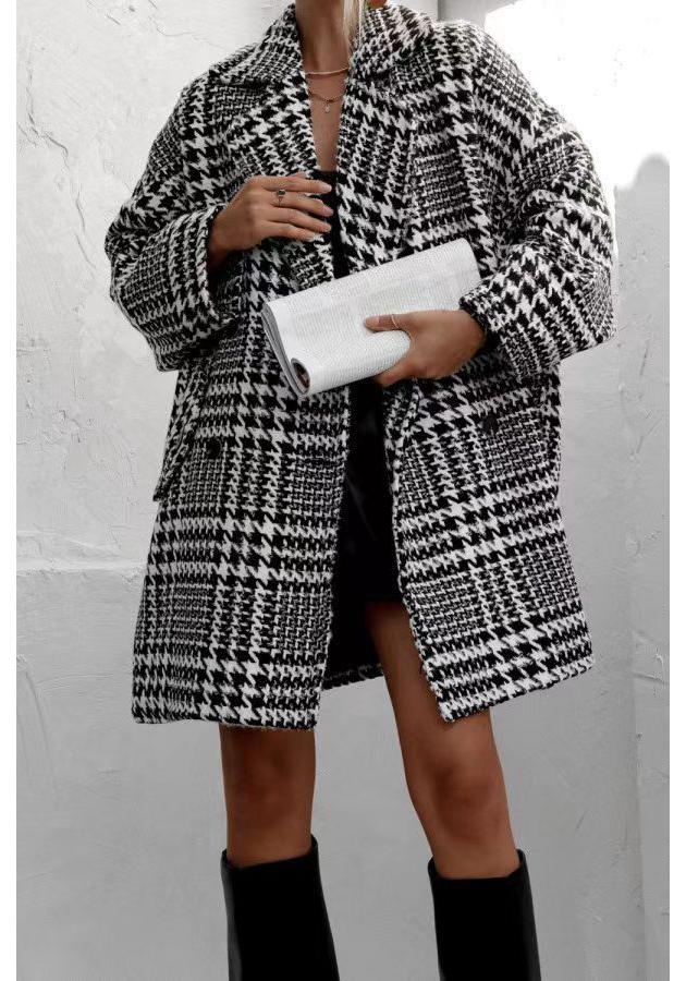 Autumn & Winter Thick Lined Houndstooth Wool Coat