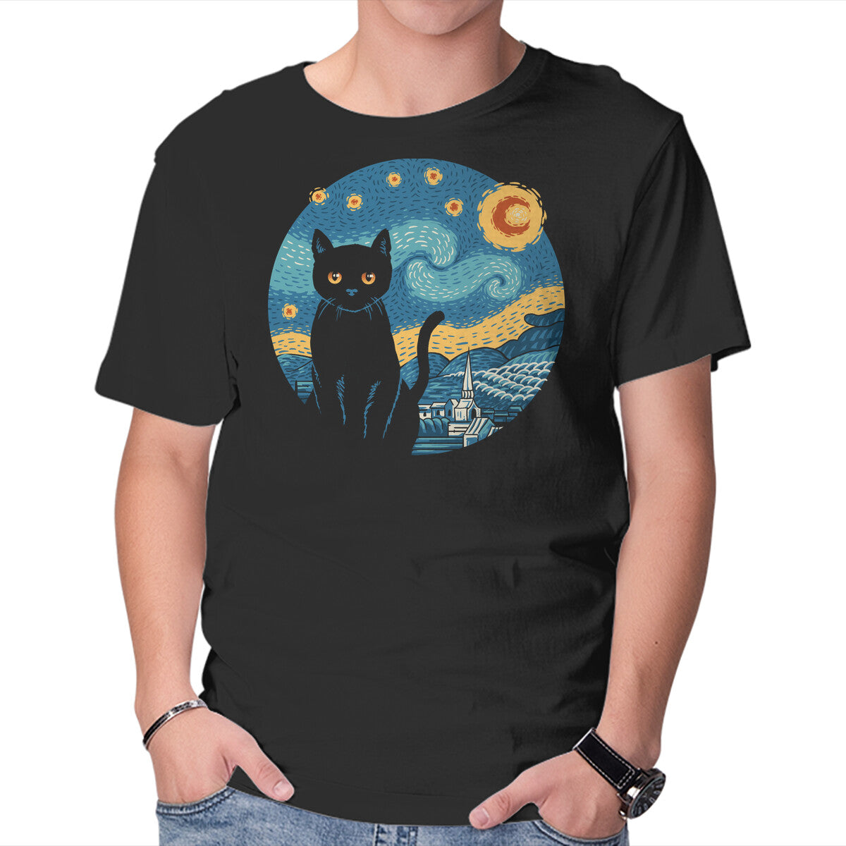 Unisex Crew Neck T-Shirt Purrfect Starry Cat Graphic Short Sleeve Casual Tee S