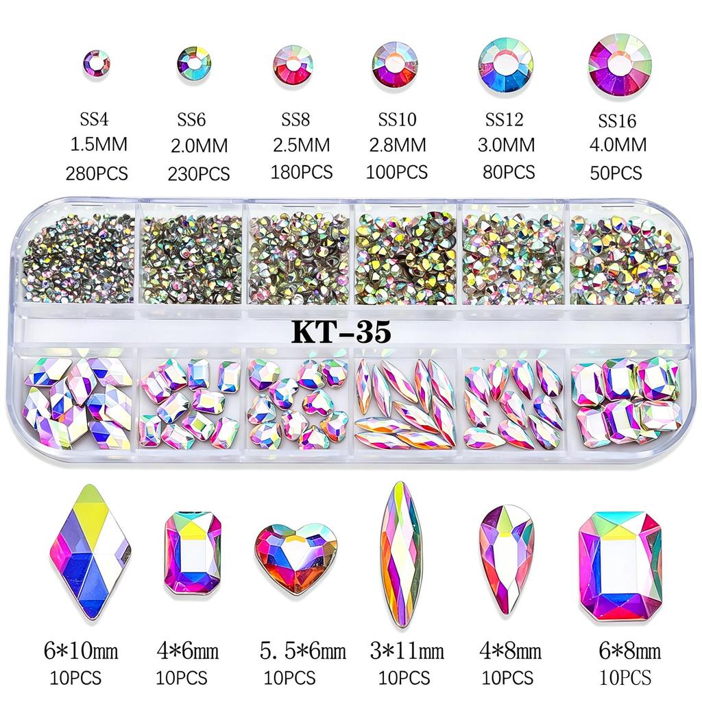 Mixed Color Flat Back Rhinestone Nail Art Kit with 12 Grids - Heart, Water Drop, and Rhombus Shapes.