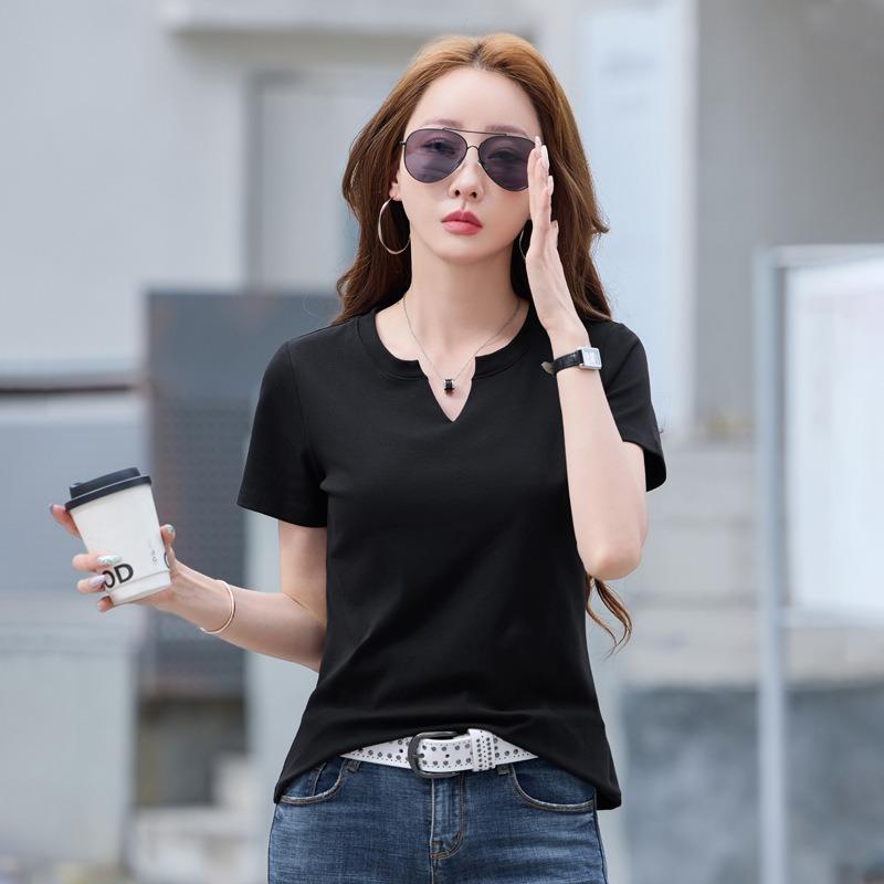 Pure Cotton Summer New Women's Slimming V-neck Short-sleeved T-shirt Casual Fashionable and Versatile Plate-sized Top