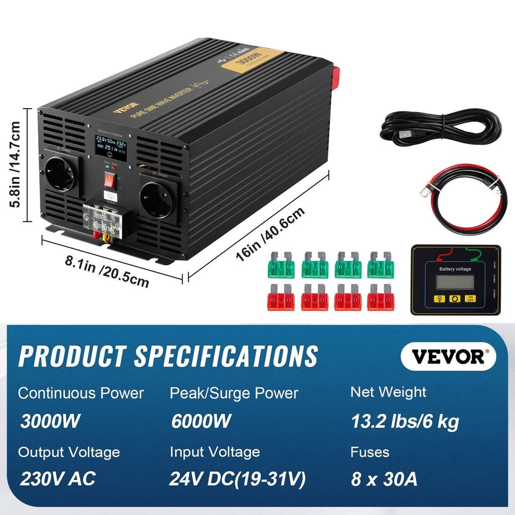 Pure Sine Wave Inverter Power Inverter 3000W DC24V To AC230V Inverter LCD
