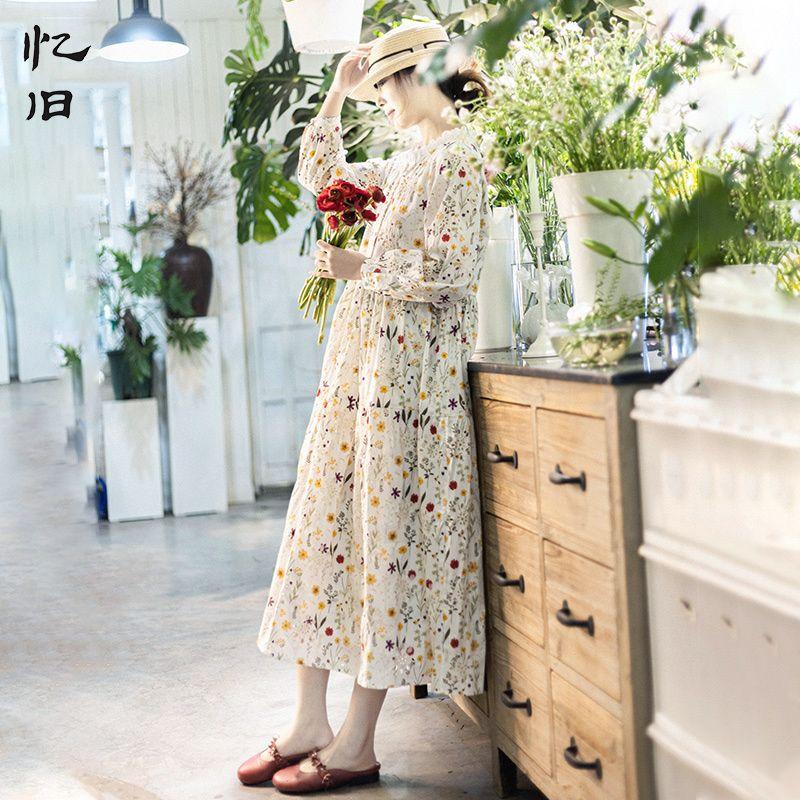 

50% off [Occasionally Gentle] Cut Out Print Long Sleeves Dress Female Spring & Fall New Arrival round-Neck High Waist Loose Long Dress Flower color M