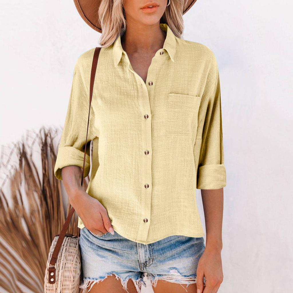 Women's Loose Cotton Linen Solid Color Long Sleeve Cardigan Irregular Pocket Shirt Top