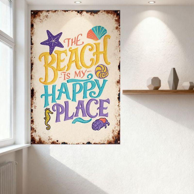 Vintage The Beach Is My Happy Place Metal Tin Sign Distressed Aged Style with Ocean Elements Starfish Seashells for Home Cafe Ba
