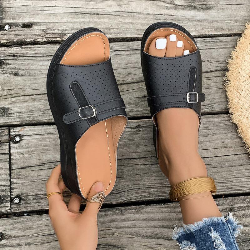 Women's Platform Cutout Slipper Peep Toe Sewn Wedge Beach Sandal