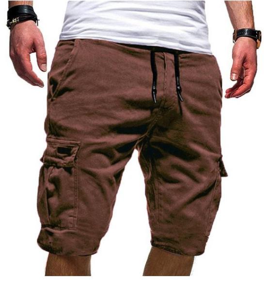 

Men s Casual Shorts Solid Color Elastic Waist Drawstring Multi Pocket Design Outdoor Middle Pants Straight Trousers M коричневый