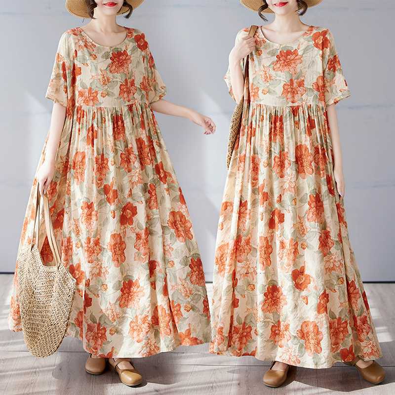 Simple and Fashionable Long Skirt Summer Short Sleeved Round Neck Printed Dress