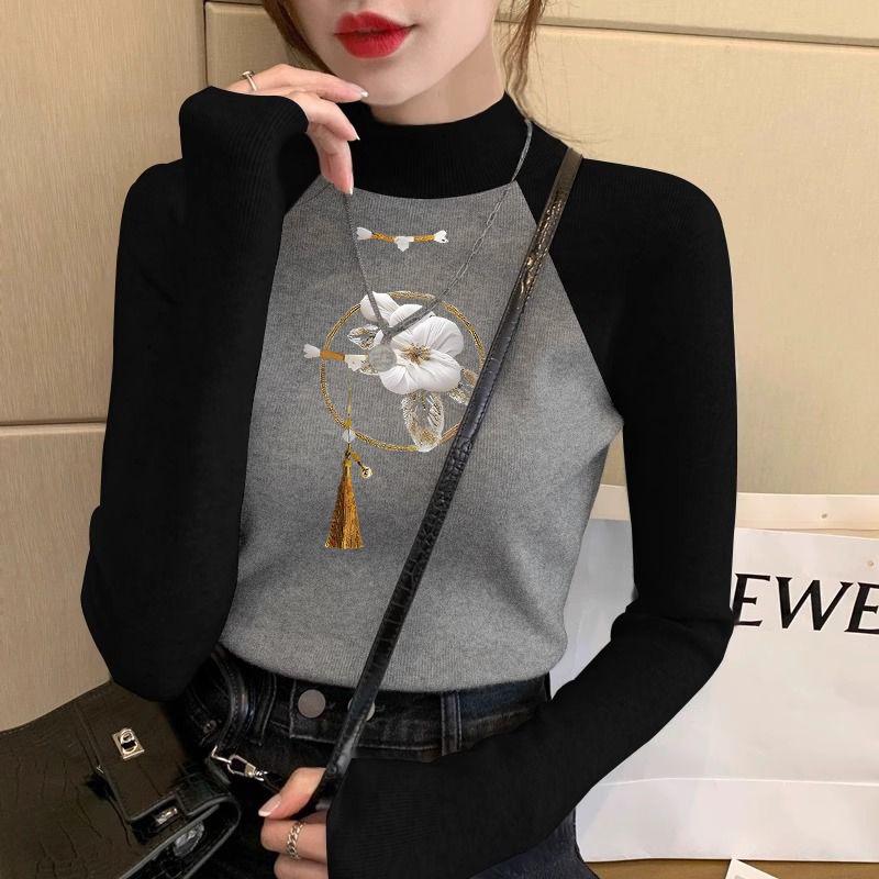 

German Velvet Raglan Color Block Turtleneck Slimming Long-Sleeve Women s T-Shirt 2XL (130-145 lbs)