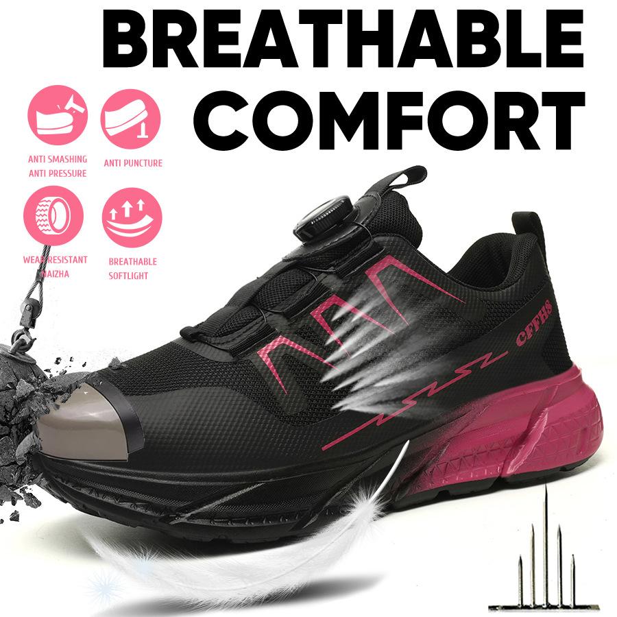 Fashion Rotating Button Safety Shoes Steel Toe Work Sneakers Breathable Safety Work Shoes Protective Labor Protection Shoes for Women