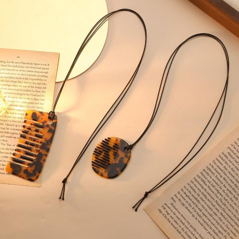 Leopard Print Comb Necklace Leather Rope Long Sweater Chain Necklace and Accessory
