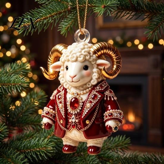Modern Home Wall Decor 2D Acrylic Goat Christmas Hanging Ornament, 3.15 Inch Farm Animal Xmas Tree Personalized Car Window Charms Decoration for Rear
