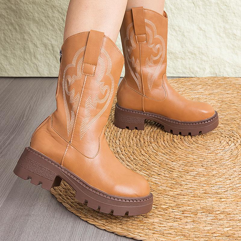 25Autumn And Winter Vintage Embroideryvwomen'S Summer Chunky Heel Mid-Calf Boots, Internet Celebrity Desert Boots, Short Boots